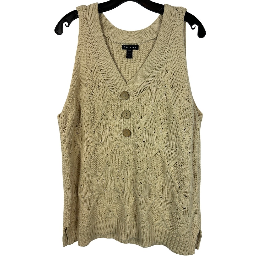 Boho Cream Vest Tribal Beige Cable Knit V-Neck Neutral Sleeveless Sweater XL